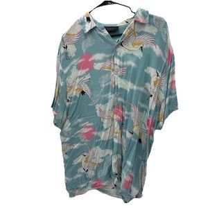 No Boundaries Blue Oriental Cranes Short Sleeve Button Up Hawaiian Shirt Size XL
